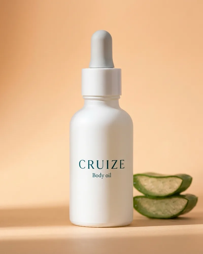 Illustrative pack for Cocoa Butter Formula Moisturizing Body Oil, with a CRUIZE label. Not the real product or its packaging.
