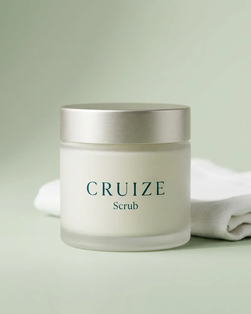 Illustrative pack for Strawberry Lemonade AHA Smoothing Scrub, with a CRUIZE label. Not the real product or its packaging.